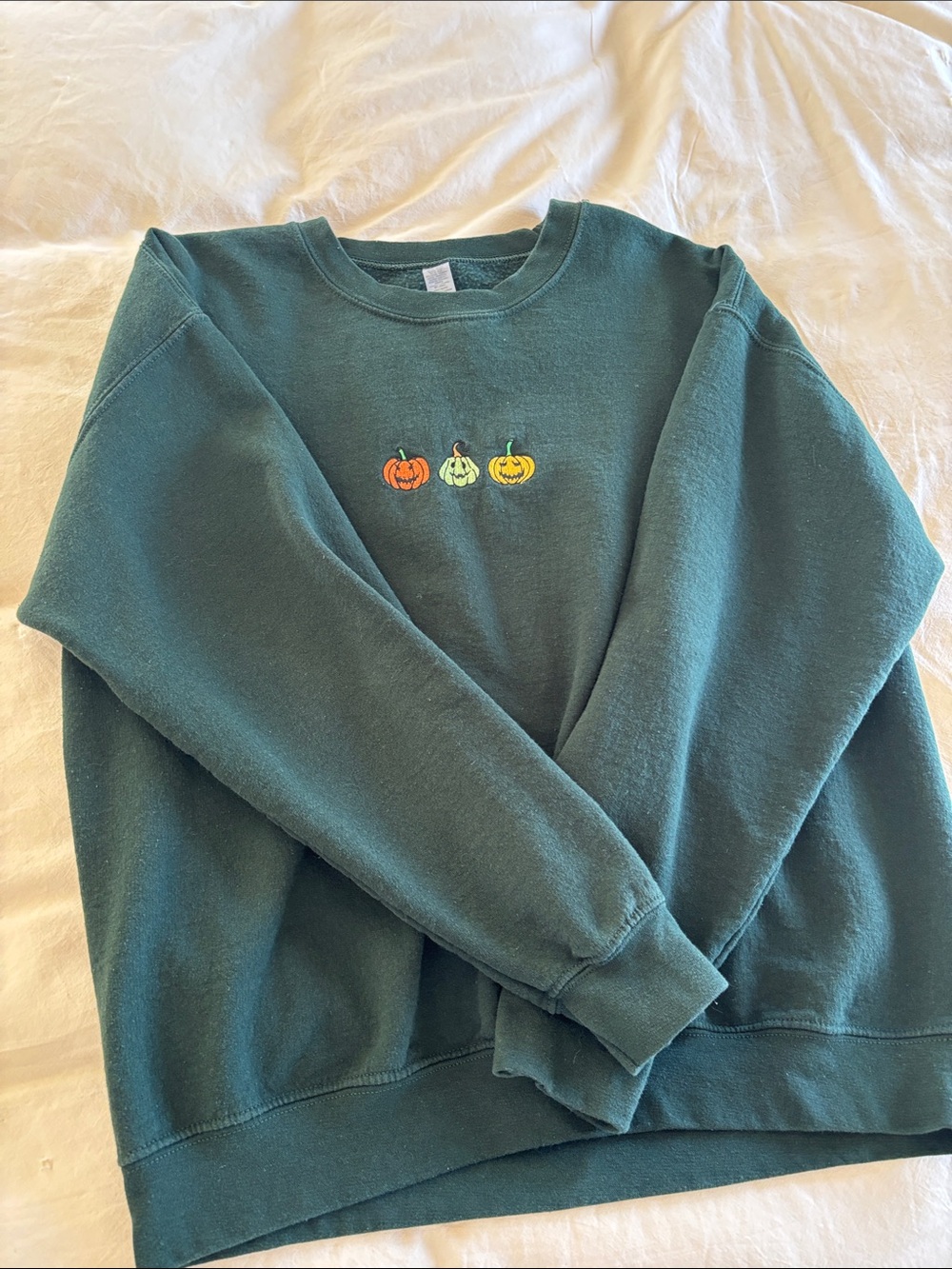 Dark Green Pumpkin Embroidered Crewneck Sweater